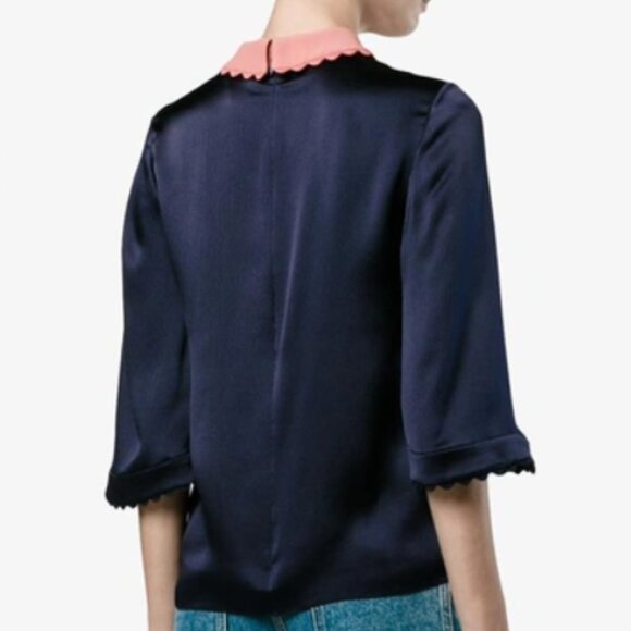 ROKSANDA Navy Searsucker Silk Peter Pan Collar Blouse Size 8 - Picture 2 of 12